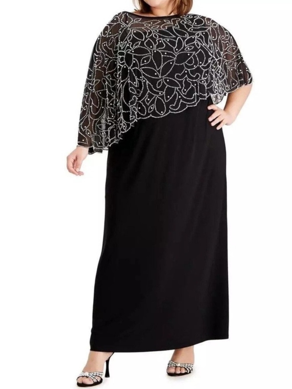 Black Beaded Cape Maxi Gown Dress Plus Size 3x